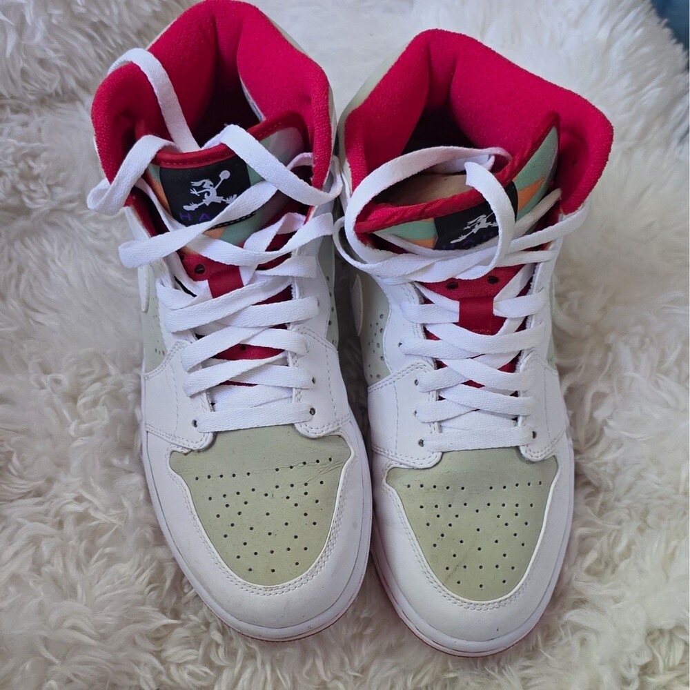 Jordan Air Jordan 1 Mid Unisex Kids 7.5 White/Green/Red Leather Sneakers